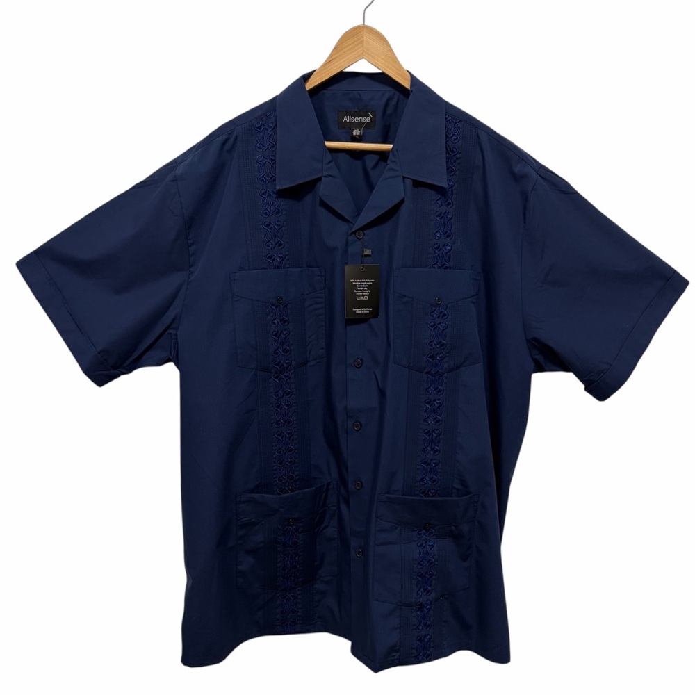 Navy Blue Short Sleeve Embroidered Hawaiian Dress Button Up Shirt - NWT 2XL